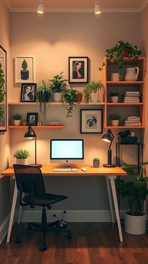 A small home office setup with a wooden desk, computer, floating shelves with plants and photos, and good lighting.