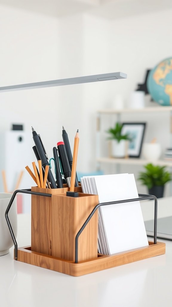 Stylish wooden desk organizer holding pens and notepads, set against a bright office background.