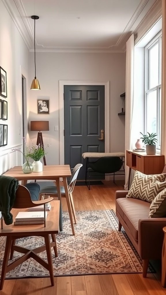 Small living room layout with a dining table next to an entryway.