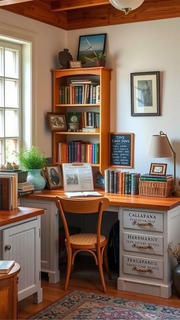 A cozy home office with wooden shelves filled with books, a desk with a chair, and decorative items.