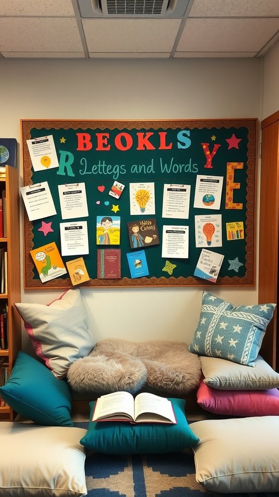 A cozy reading corner with colorful cushions and a bulletin board displaying student artwork and book reviews.