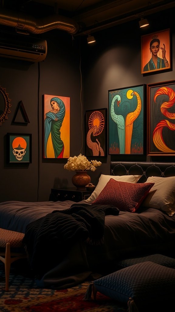 A cozy bedroom featuring vibrant bohemian artworks on dark walls, with a bed and decorative pillows.