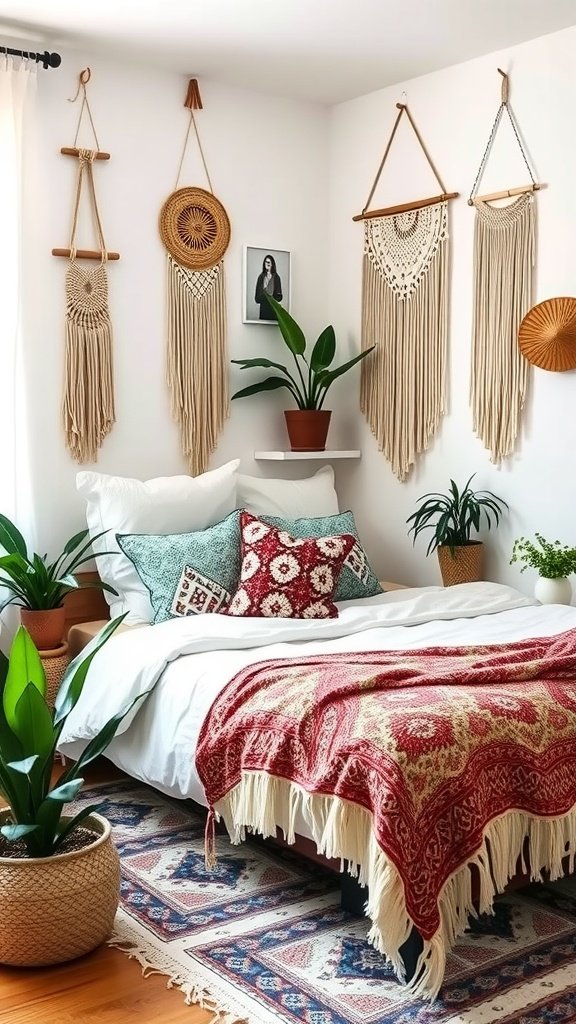 A cozy Boho bedroom featuring a stylish bed with patterned pillows and a decorative throw, surrounded by indoor plants and macramé wall hangings.