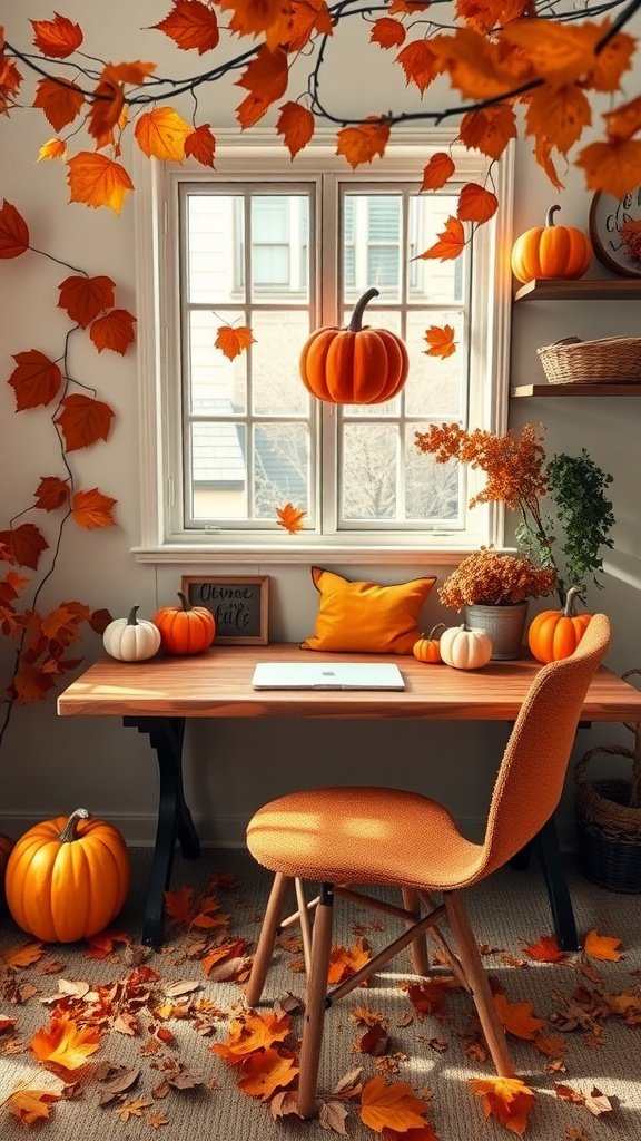 A cozy fall home office designed with pumpkins, autumn leaves, and an orange chair.