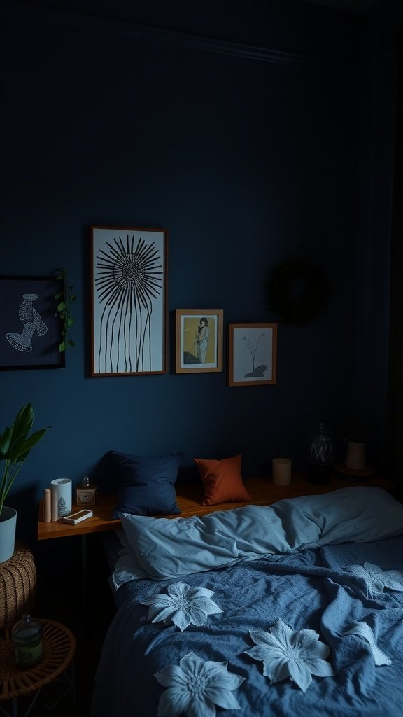 A dark and moody bedroom with deep blue walls, cozy bedding, and framed art.