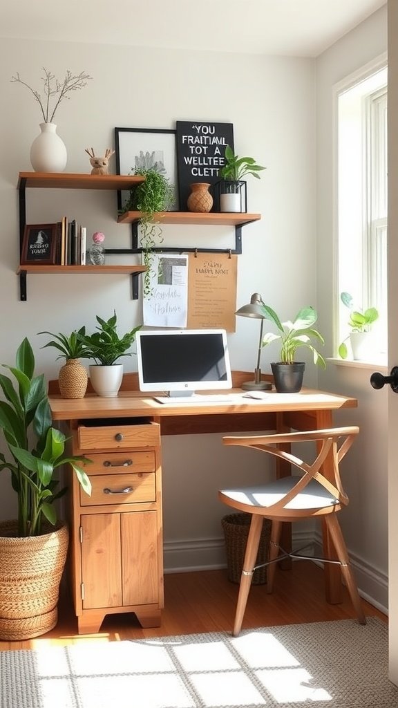 A bright and cozy small home office with a wooden desk, shelves filled with plants and books, and a comfortable chair.