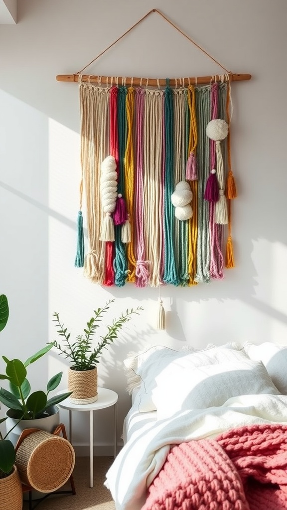Colorful DIY yarn wall hanging in a Boho themed bedroom