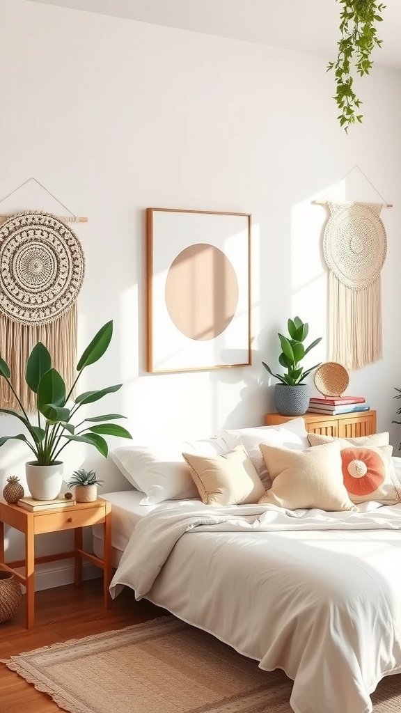 A cozy boho bedroom with macramé wall hangings, circular artwork, and indoor plants.
