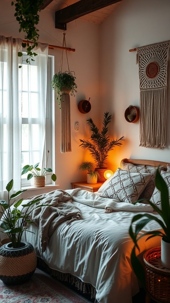 A cozy boho style bedroom with plants, warm lighting, and textured decor.