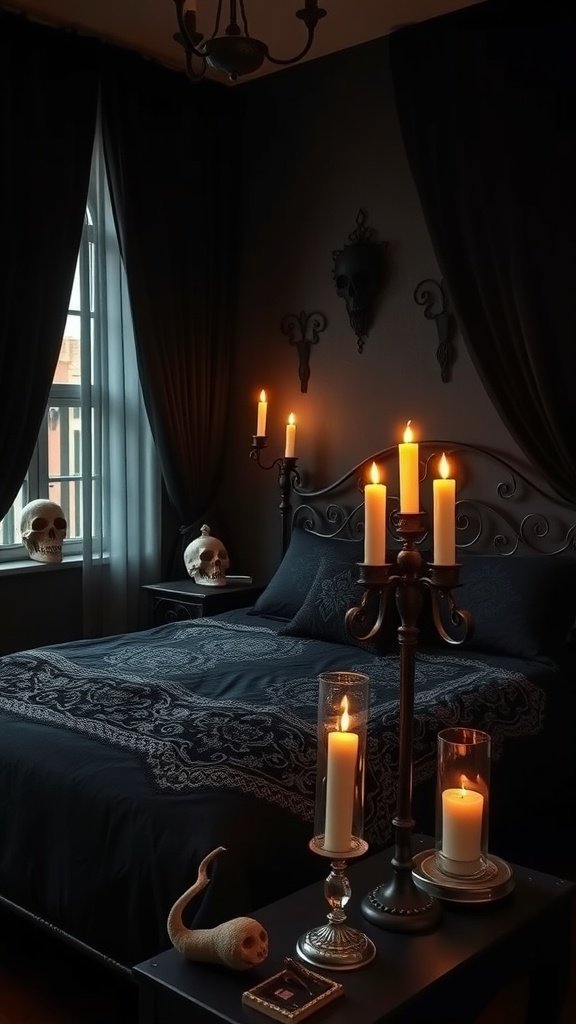 A dreamy goth bedroom featuring black bedding, candles, and skull decor