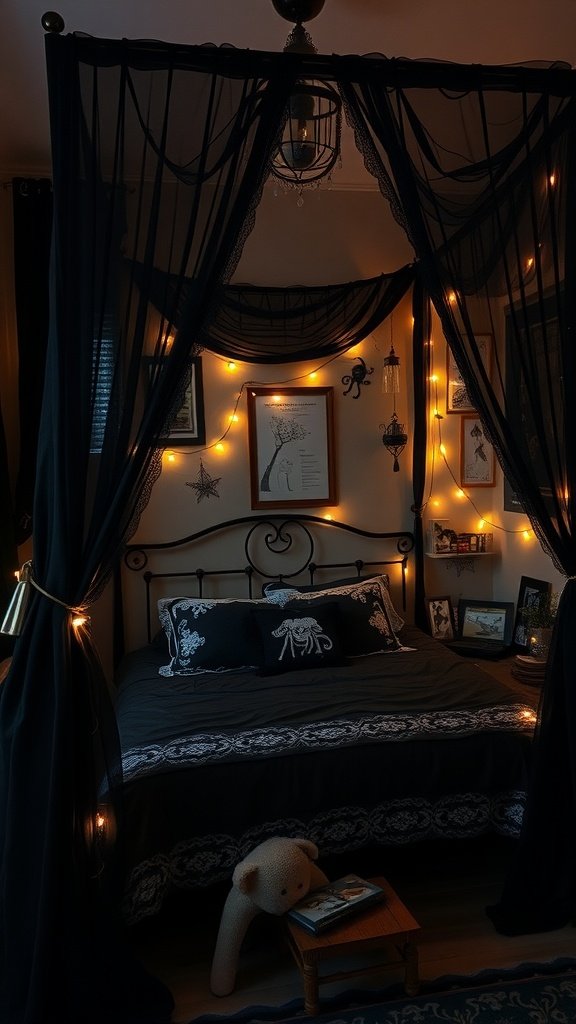 A cozy Whimsy Goth bedroom featuring a canopy bed with black fabric, string lights, and playful decor.