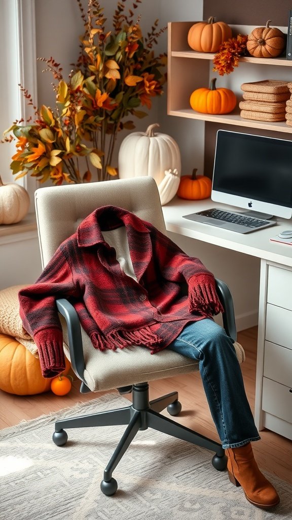 A cozy fall home office outfit featuring a red and black plaid cardigan draped over an office chair, with pumpkins and autumn decor in the background.