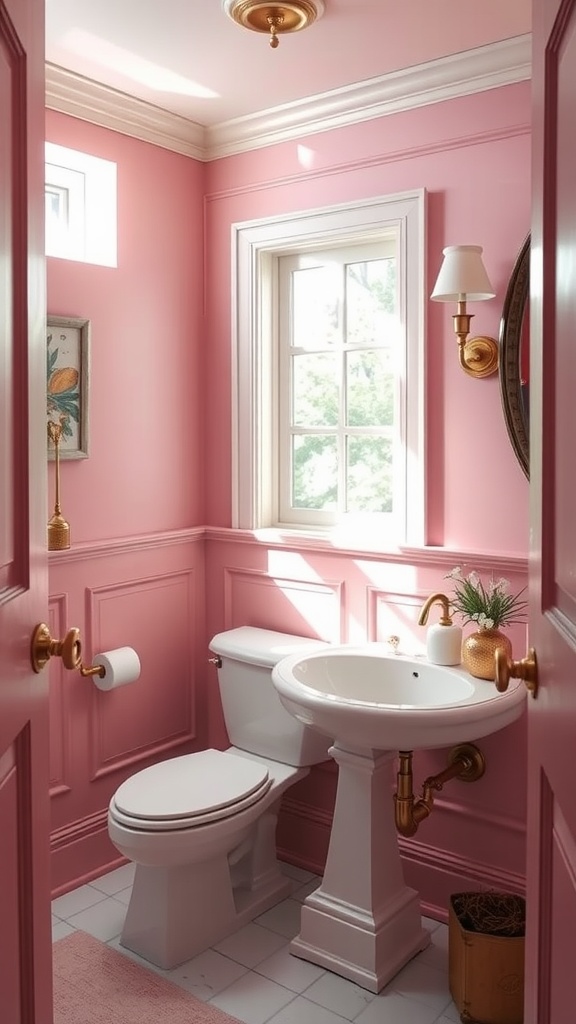 A bathroom featuring Dressy Rose paint by Sherwin-Williams, showcasing warm pink walls with elegant fixtures.
