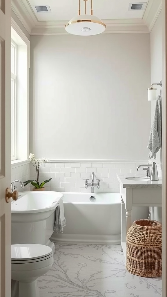 A serene bathroom featuring Drift of Mist paint by Sherwin-Williams, highlighting a light gray wall, white fixtures, and elegant decor.