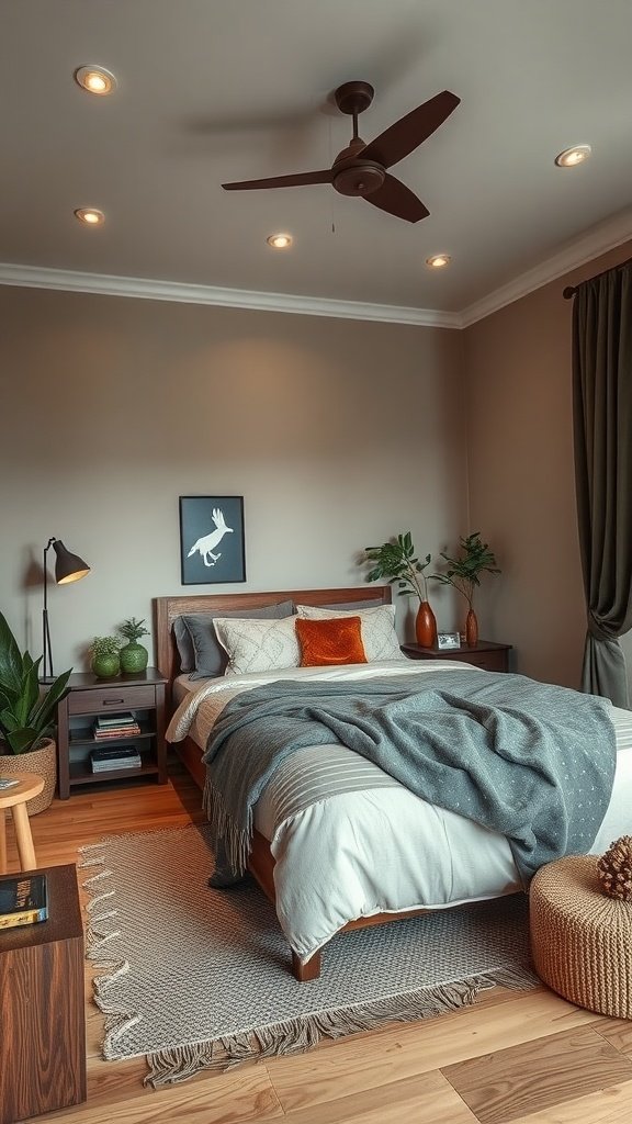 A cozy bedroom featuring earth tones with wooden furniture, soft textiles, and green plants.