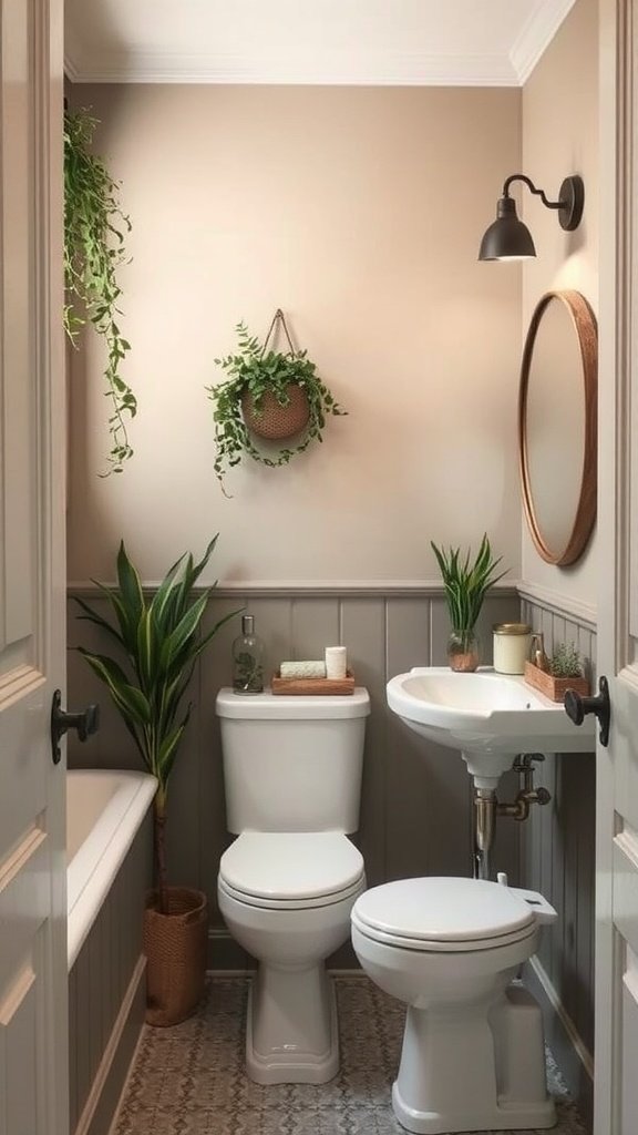 A small bathroom with earthy paint tones, plants, and natural decor.