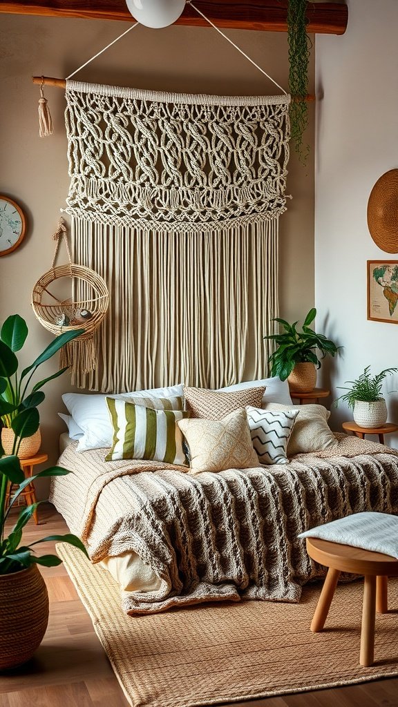 Earthy boho bedroom with macramé wall hanging, various cushions, and indoor plants