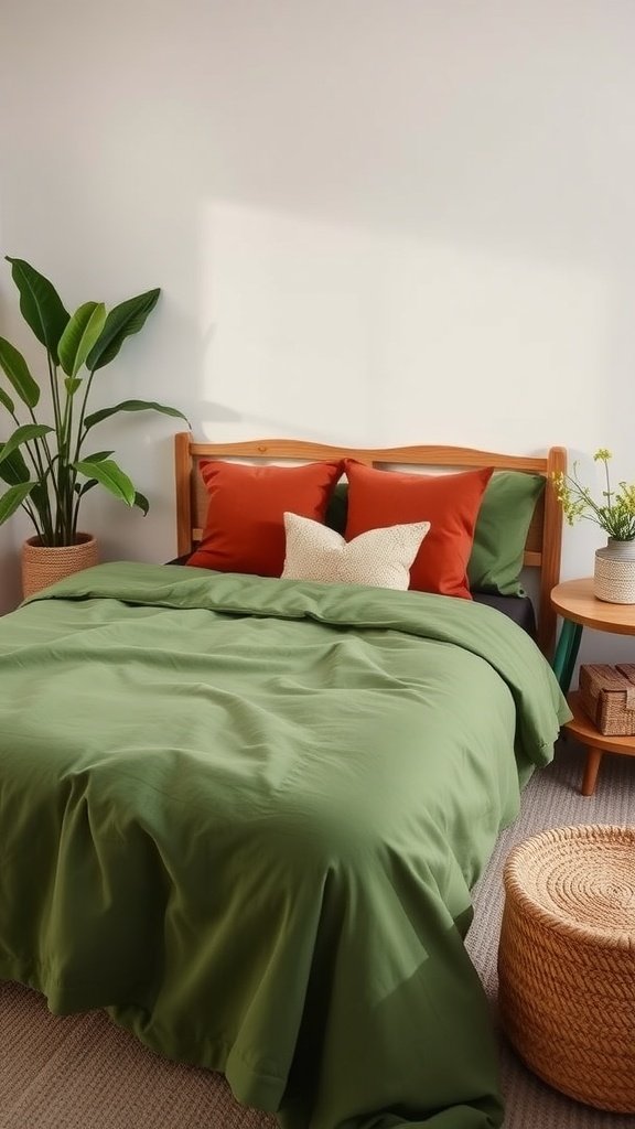 A cozy bedroom featuring green bedding and terracotta pillows, complemented by a potted plant and wooden furniture.