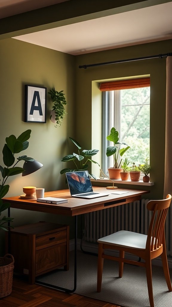A cozy home office with earthy green walls, a wooden desk, a laptop, and various indoor plants.