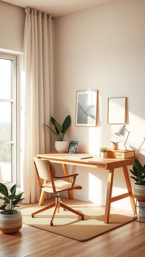 Minimalist home office with wooden desk, chair, plants, and natural light.