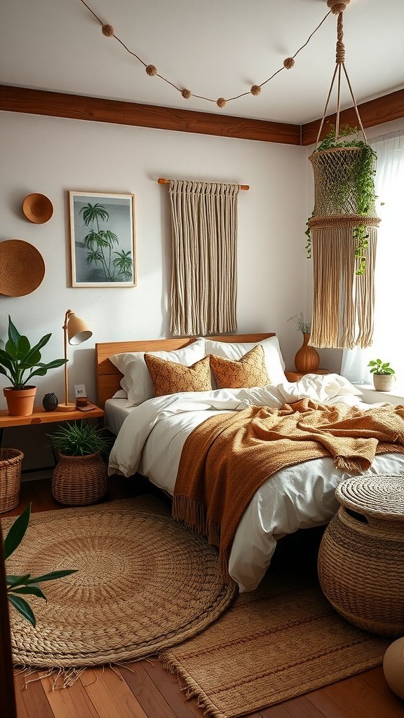 Cozy boho style bedroom with earthy tones, plants, and textured decor