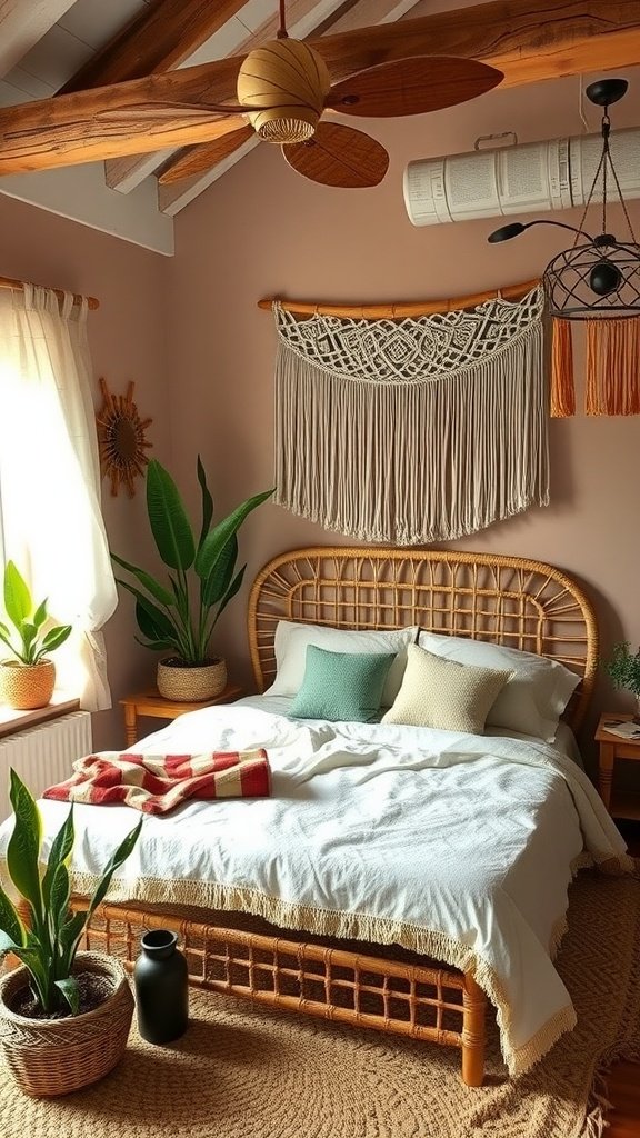 A rustic boho bedroom featuring a rattan bed with soft white linens, colorful throw pillows, macramé wall hangings, and indoor plants in woven pots.