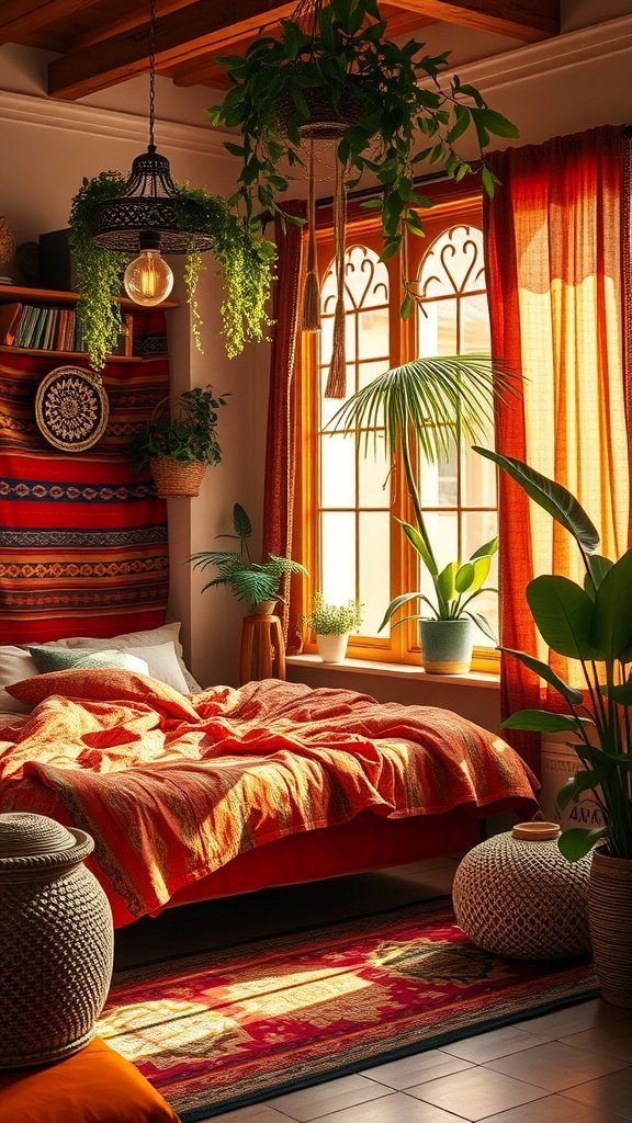 A cozy boho-style bedroom with Eastern influences featuring warm colors, plants, and natural decor.