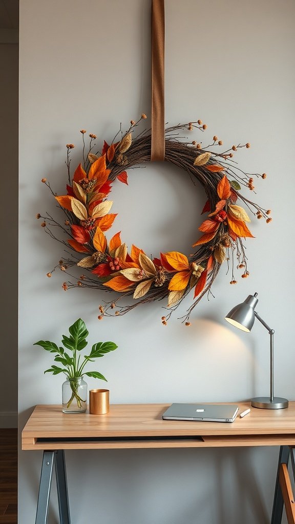A boho-style fall wreath with colorful leaves hanging on a wall above a desk with a plant and lamp.