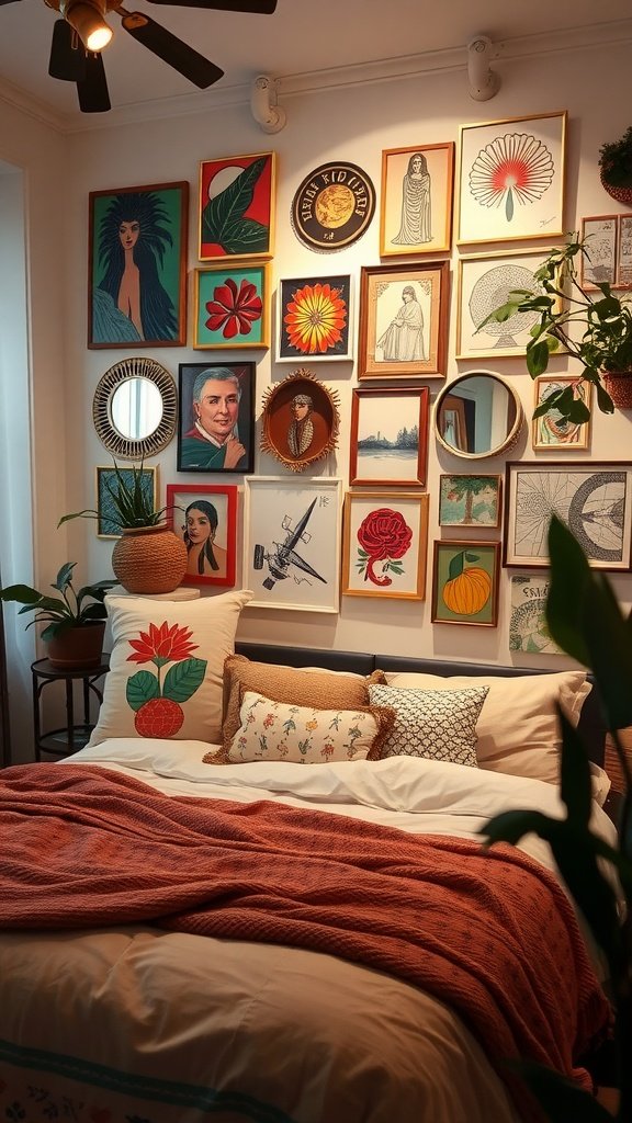 A cozy boho bedroom featuring a gallery wall with various art pieces, vibrant pillows, and indoor plants.