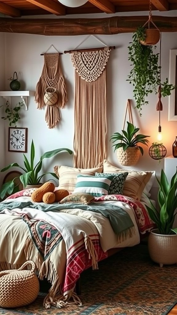 A cozy Boho bedroom featuring an eclectic mix of colors, textures, and plants.