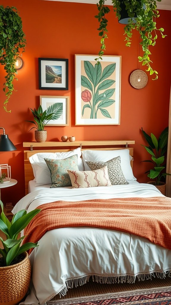 A cozy bedroom featuring terracotta walls, a white bed with orange accents, and green plants.