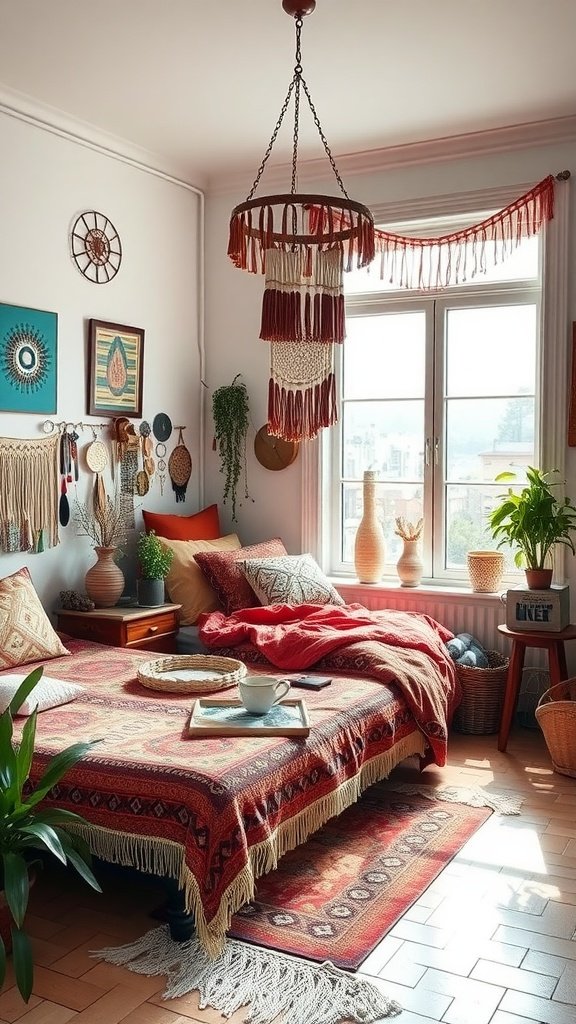 A cozy boho-style bedroom featuring a fringed chandelier, colorful textiles, and a warm atmosphere.