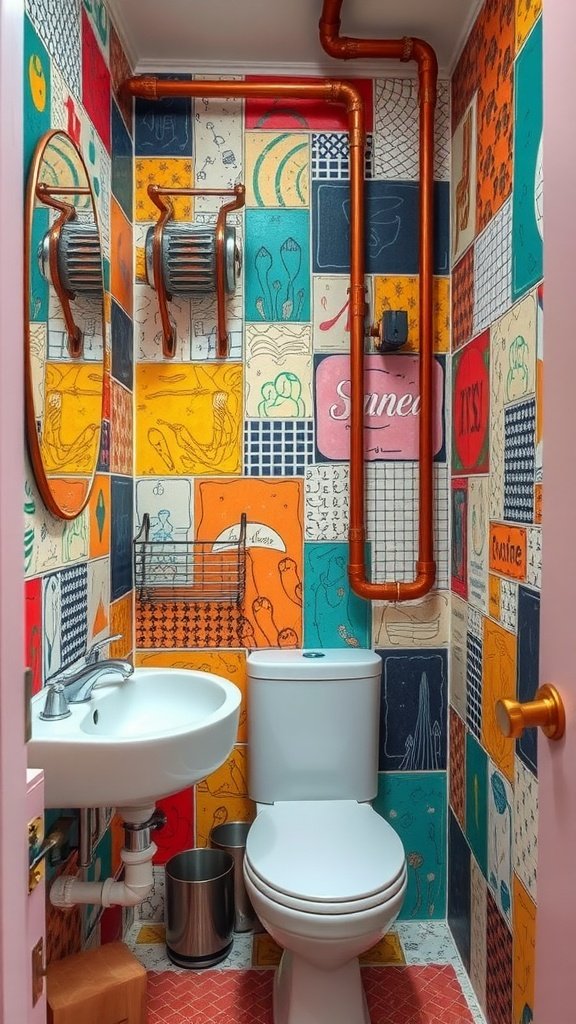 A small bathroom featuring a multicolored wall with various patterns and copper pipes, a compact sink, and a toilet.
