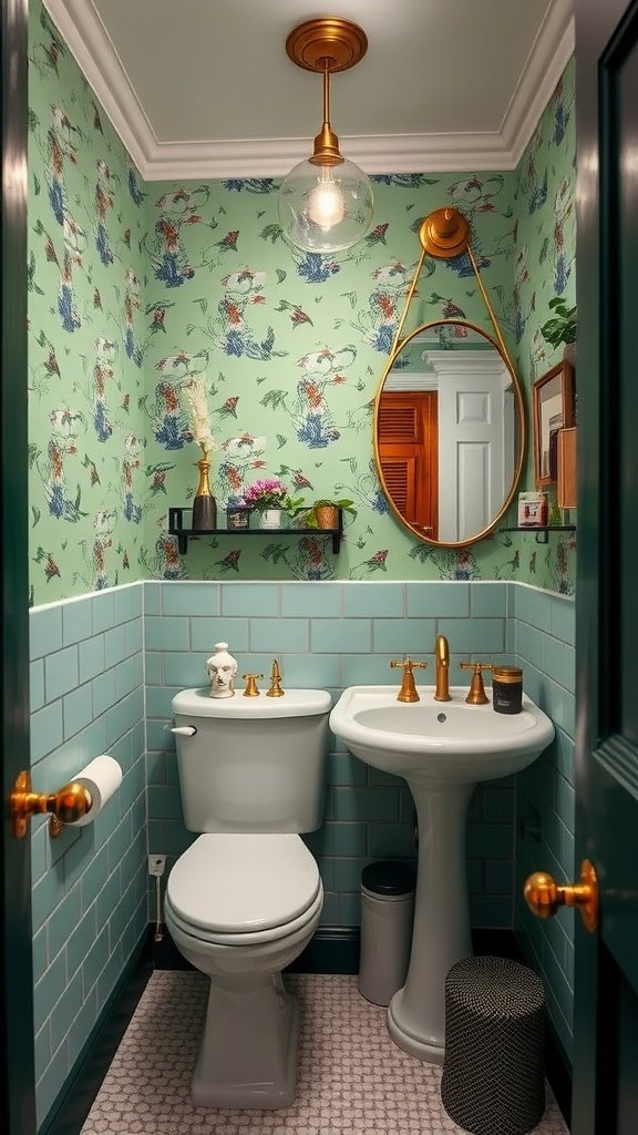 Eclectic small bathroom with mint green wallpaper, brass details, and compact fixtures.
