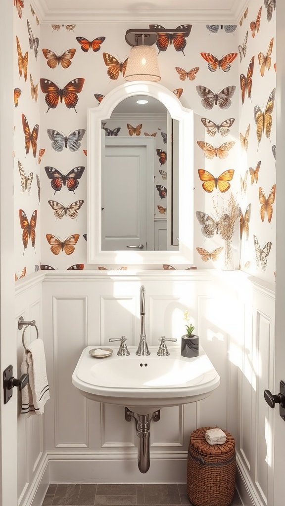 A small bathroom featuring butterfly wallpaper and white wainscoting with a stylish sink and plant.
