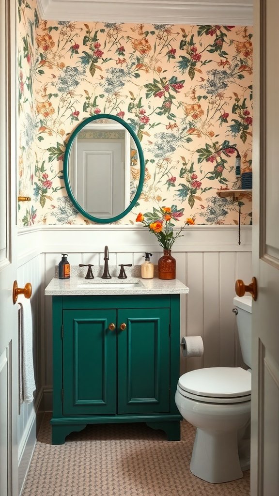 Small elegant farmhouse bathroom featuring emerald green vanity and floral wallpaper