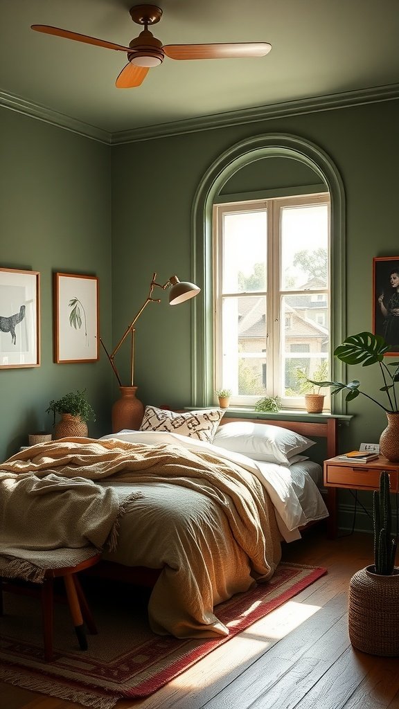 A cozy bedroom with green walls, terracotta accents, and natural light.