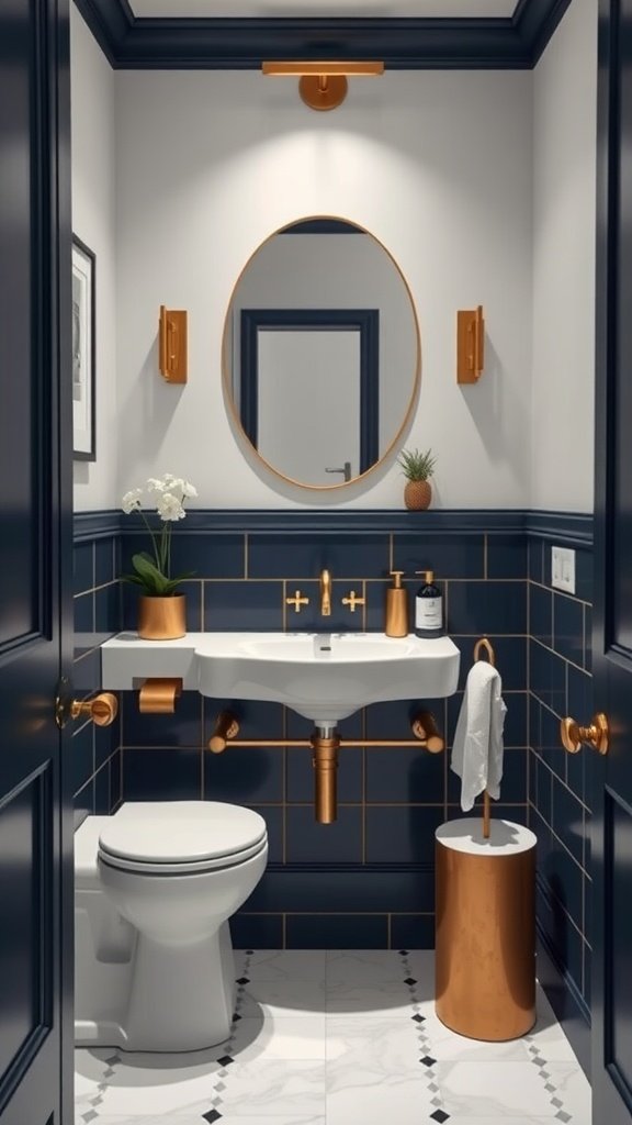 A small bathroom featuring navy walls, white fixtures, and brass accents, showcasing a stylish design.