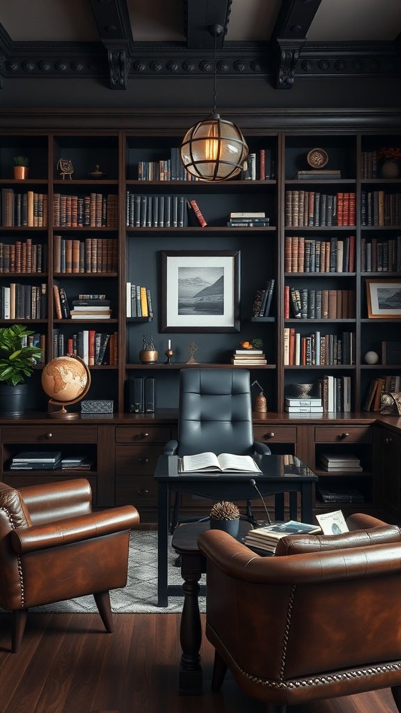 A masculine home office featuring dark walls, wooden bookshelves packed with books, a sleek black leather chair, and warm leather chairs, all illuminated by a stylish pendant light.
