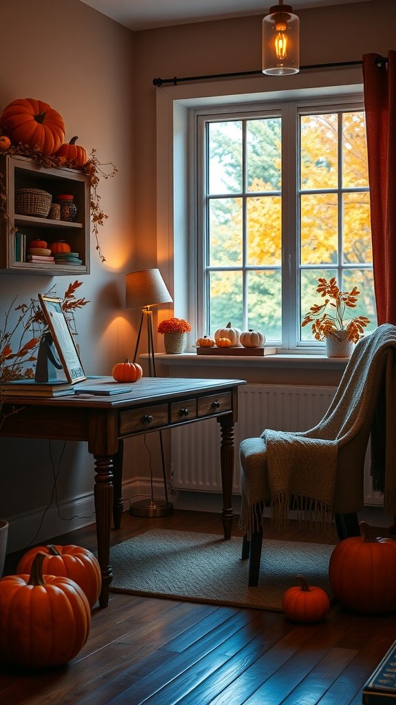 Cozy fall home office with pumpkins and warm lighting