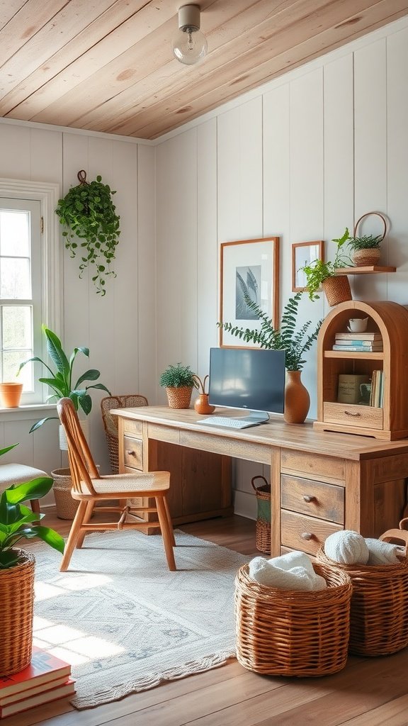 A cozy farmhouse-style home office featuring a wooden desk, plants, and woven baskets