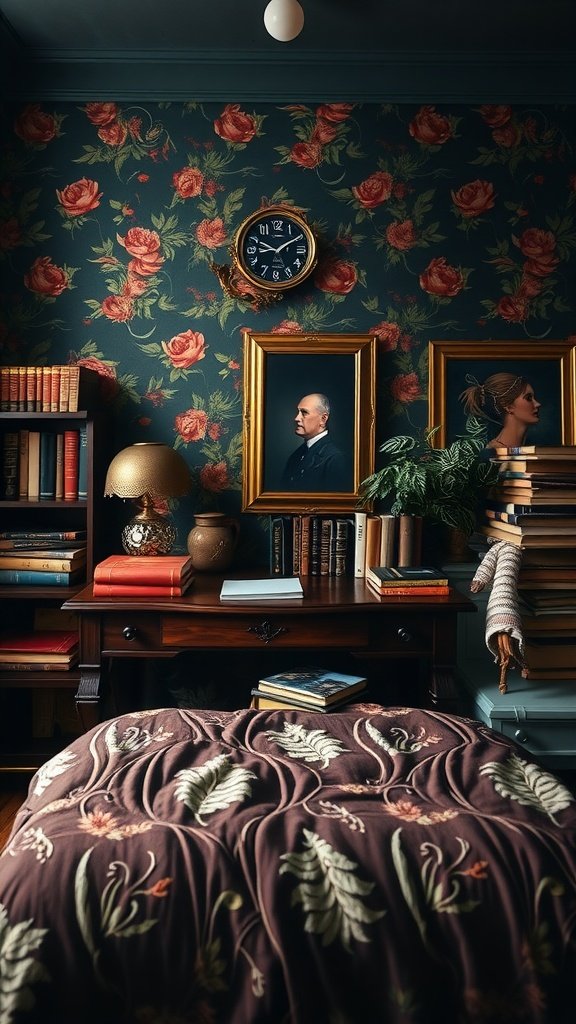 A cozy bedroom featuring dark floral wallpaper, vintage decor, and a wooden desk surrounded by books.