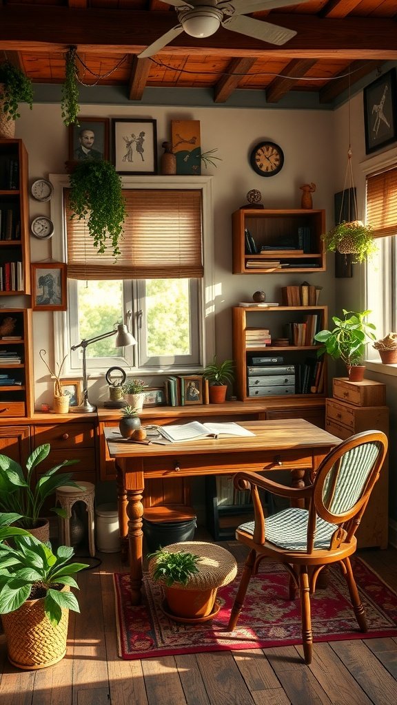 Cozy home office featuring wooden desk, plants, and vintage decor for an English cottage style.