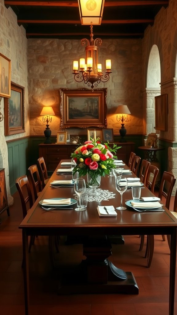 Luxurious Italian dining room featuring a long wooden table set for a meal, rustic stone walls, and elegant lighting.