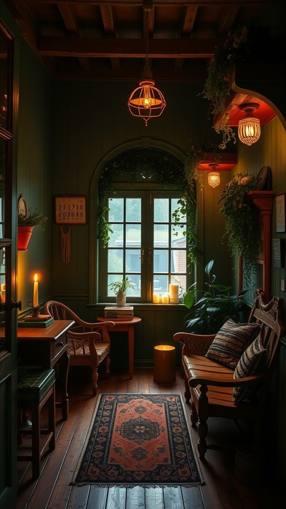 A cozy corner of a dark cottagecore house with green walls, warm lighting, plants, and a wooden floor.