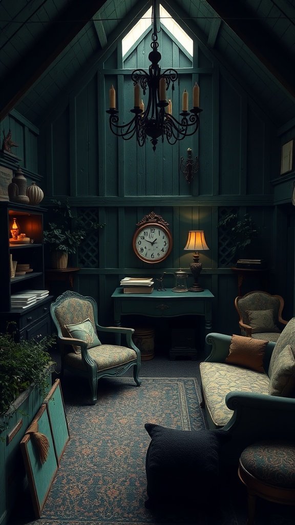 Cozy interior featuring deep green walls, vintage furniture, and warm lighting