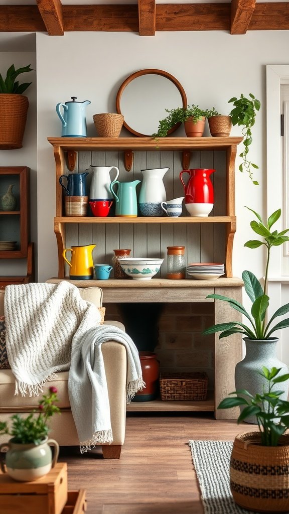 A cozy modern farmhouse living room featuring an array of colorful enamelware pitchers and basins on a wooden shelf.