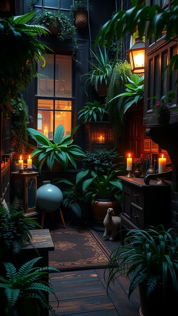 A cozy indoor space filled with ferns and plants, illuminated by soft candlelight, featuring dark wood furniture and decor.