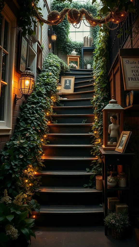 A stairway adorned with lush greenery and soft lights, creating a cozy and enchanting atmosphere.