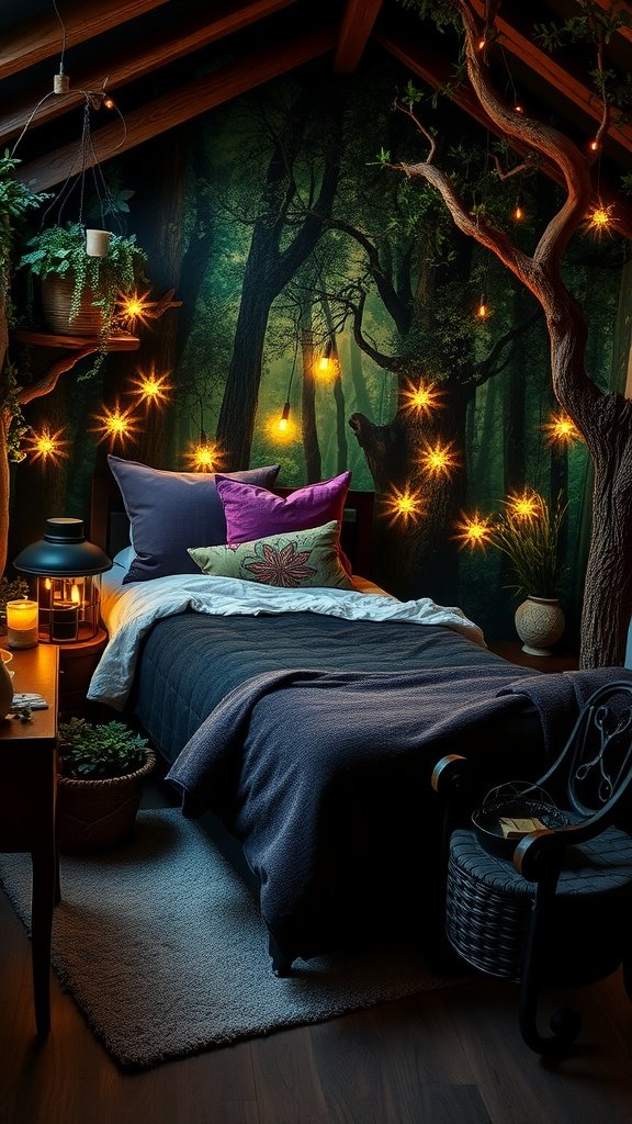 A cozy enchanted forest-themed bedroom with a forest mural, soft glowing lights, and dark bedding